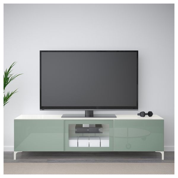 Тумба под ТВ, с дверцами БЕСТО, белый Сельсвикен, глянцевый/серо-зеленый светлый прозрачное стекло - фото 2