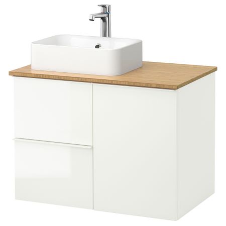 Шкаф с раковиной 45x32 см ГОДМОРГОН/ТОЛКЕН / ХОРВИК, глянцевый белый, бамбук (82x49x72 см)