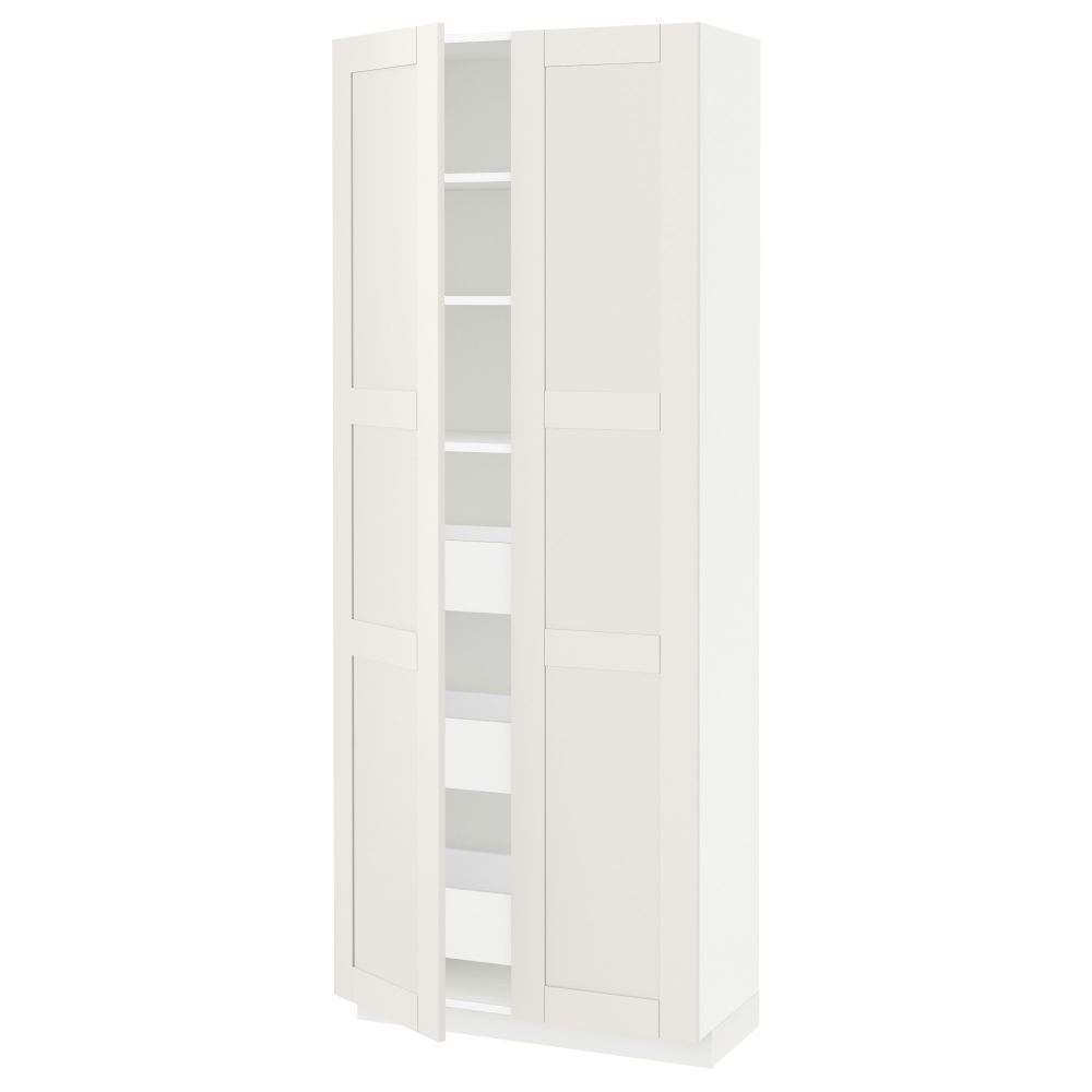 Высокий шкаф с ящиками, 2 дверцы МЕТОД / МАКСИМЕРА, белый, Сэведаль белый (80x37x200 см) - схема-чертеж с размерами