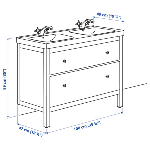Шкаф для раковины с 2 ящиками, 103x49x89 см, белый, РУНШЕР смеситель IKEA ODENSVIK ОДЕНСВИК, HEMNES ХЕМНЭС 792.934.77 - схема-чертеж с размерами