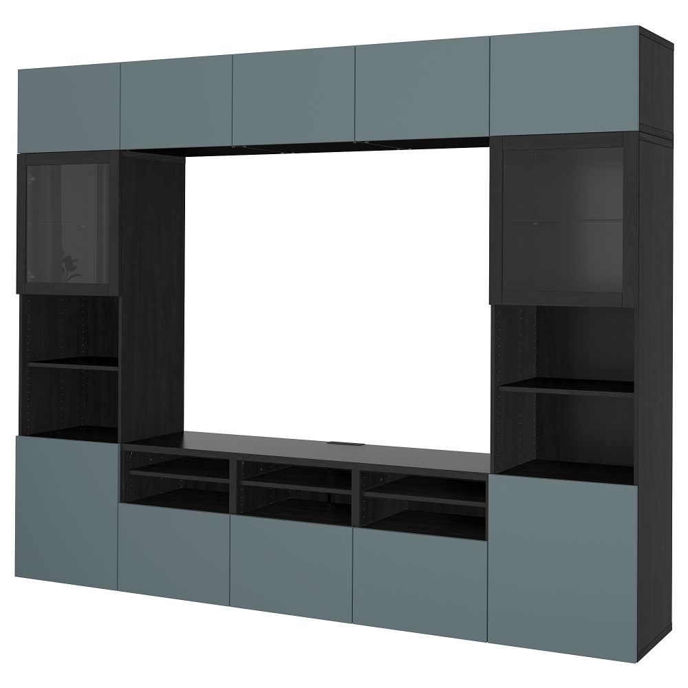 Шкаф для ТВ, комбинированный, стекляные дверцы БЕСТО, черно-коричневый, Вальвикен серо-бирюзовый, прозрачное стекло (300x40x230 - фото 1