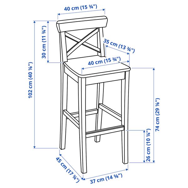 Стул барный, белый, 74 см IKEA INGOLF ИНГОЛЬФLF ИНГОЛЬФ 001.217.66 - схема-чертеж с размерами