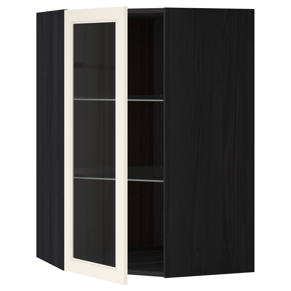 Угловой навесной шкаф с полками, стекляными дверцами МЕТОД, черный, Хитарп белый с оттенком - схема-чертеж с размерами