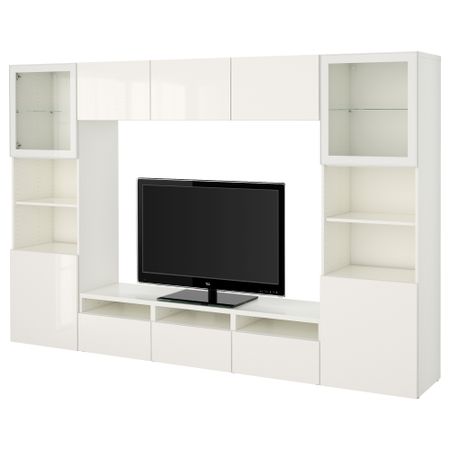 Шкаф для ТВ, комбинированный, стекляные дверцы БЕСТО, белый, Сельсвикен глянцевый/белый прозрачное стекло (300x40x192 см)