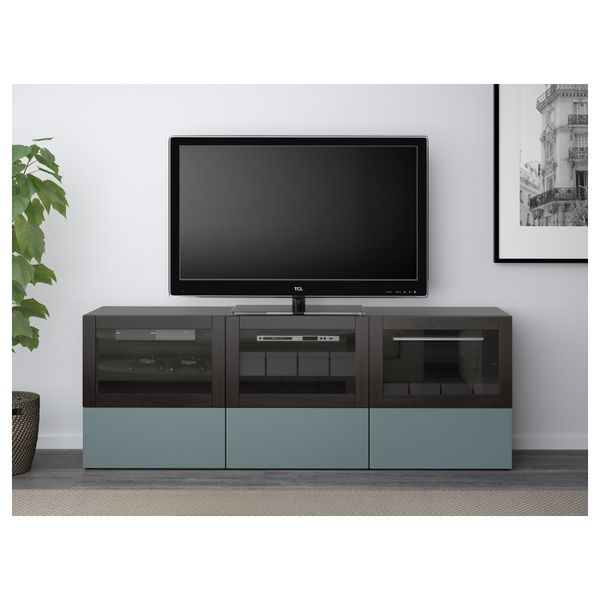 Тумба под ТВ, с дверцами и ящиками БЕСТО, черно-коричневый, Вальвикен серо-бирюзовый, прозрачное стекло (180x40x64 см) - фото 2