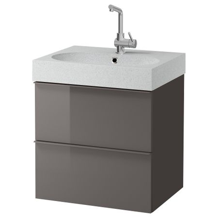 Шкаф для раковины с 2 ящиками ГОДМОРГОН / БРОВИКЕН, глянцевый серый, светло-серый (60x49x68 см)