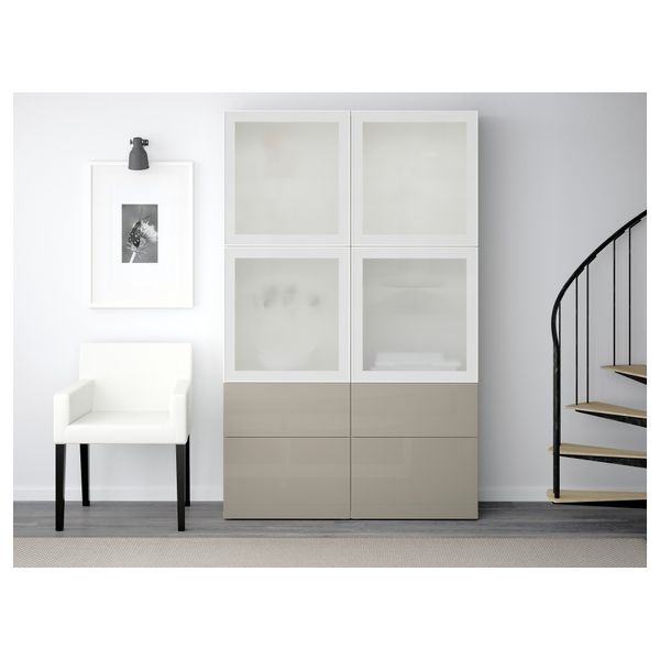 Комбинация для хранения со стеклянными дверцами БЕСТО, белый, Сельсвикен глянцевый/бежевый матовое стекло (120x40x192 см) - фото 2