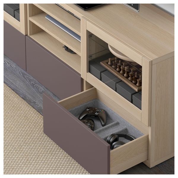 Шкаф для ТВ, комбинированный, стекляные дверцы БЕСТО, под беленый дуб, Вальвикен темно-коричневый, прозрачное стекло (240x40x230 - фото 3