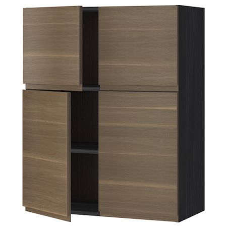 Навесной шкаф с полками, 4 дверцы МЕТОД, черный, Воксторп грецкий орех (80x100 см)