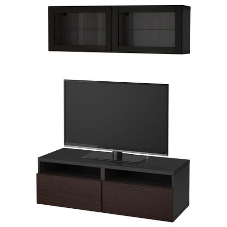 Шкаф для ТВ, комбинированный, стекляные дверцы БЕСТО, черно-коричневый, Инвикен черно-коричневый прозрачное стекло