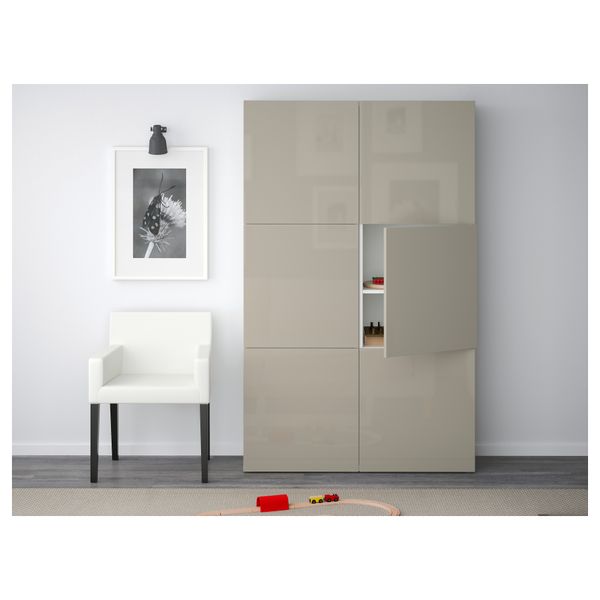 Комбинация для хранения с дверцами БЕСТО, белый, Сельсвикен глянцевый/бежевый (120x40x192 см) - фото 2