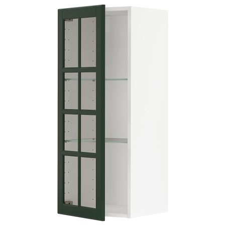Навесной шкаф с полками, стекляными дв, белый/Будбин темно-зеленый 40x100 см IKEA METOD МЕТОД 593.122.69