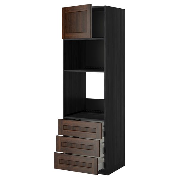 Высокий шкаф для духовки/СВЧ дверца, 3 ящика МЕТОД / МАКСИМЕРА, черный, Эдсерум коричневый - фото 1