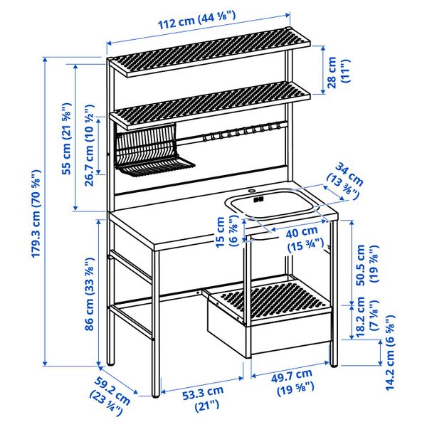 Мини-кухня, черный 112x60x178 см IKEA RÅVAROR РОВАРОР 193.889.73 - схема-чертеж с размерами