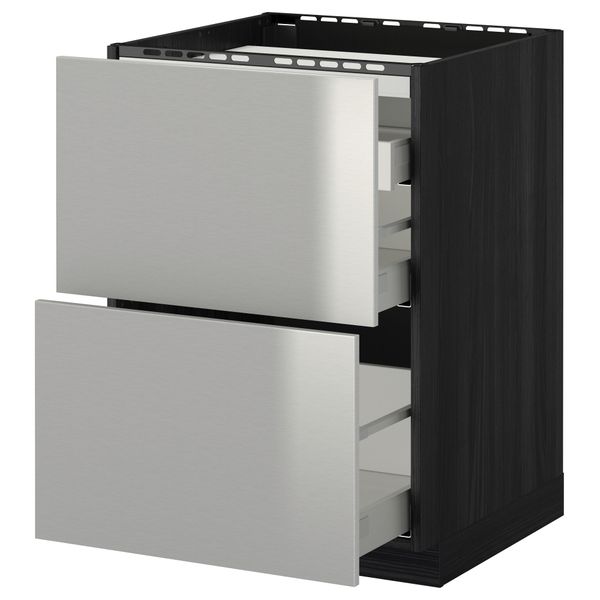 Напольный шкаф, 2 фронтальных панели, 3 ящика МЕТОД / МАКСИМЕРА, черный, Гревста нержавеющ сталь - схема-чертеж с размерами