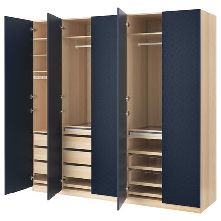 Гардероб, под беленый дуб, хамнос черно-синий, 250x60x236 см IKEA ПАКС 392.881.33