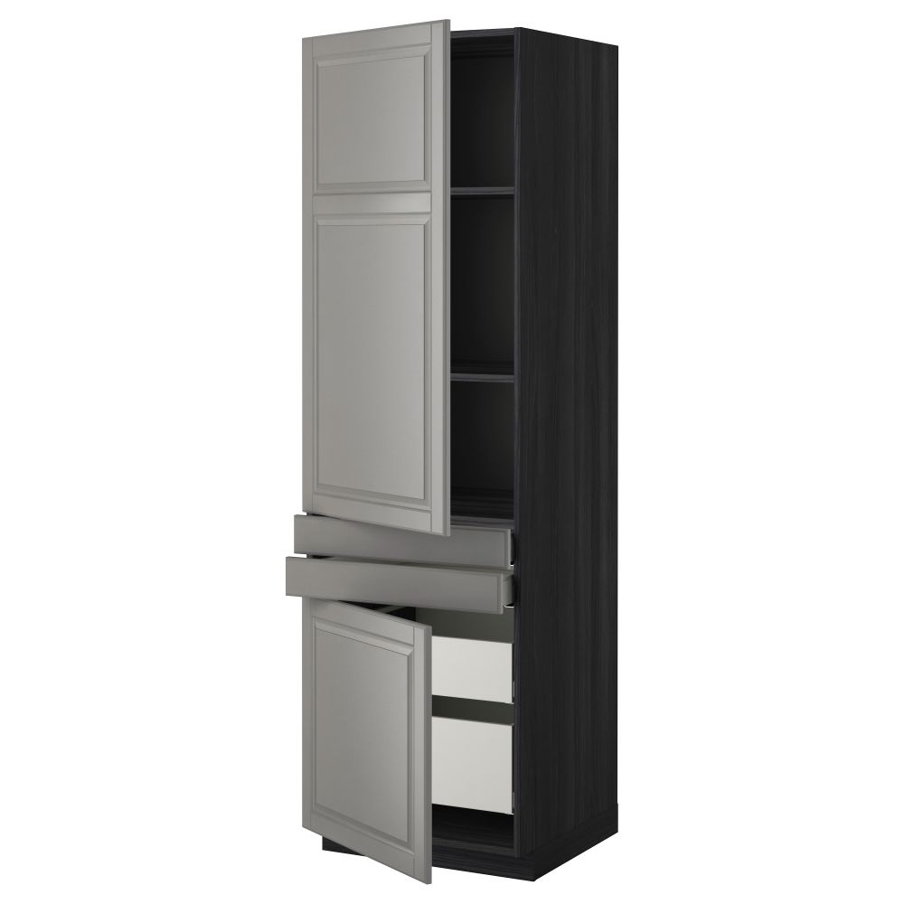 Высокий шкаф + полки, 4 ящик, 2 двери, 2 фронтальные МЕТОД / МАКСИМЕРА, черный, Будбин серый (60x60x200 см) - фото 1