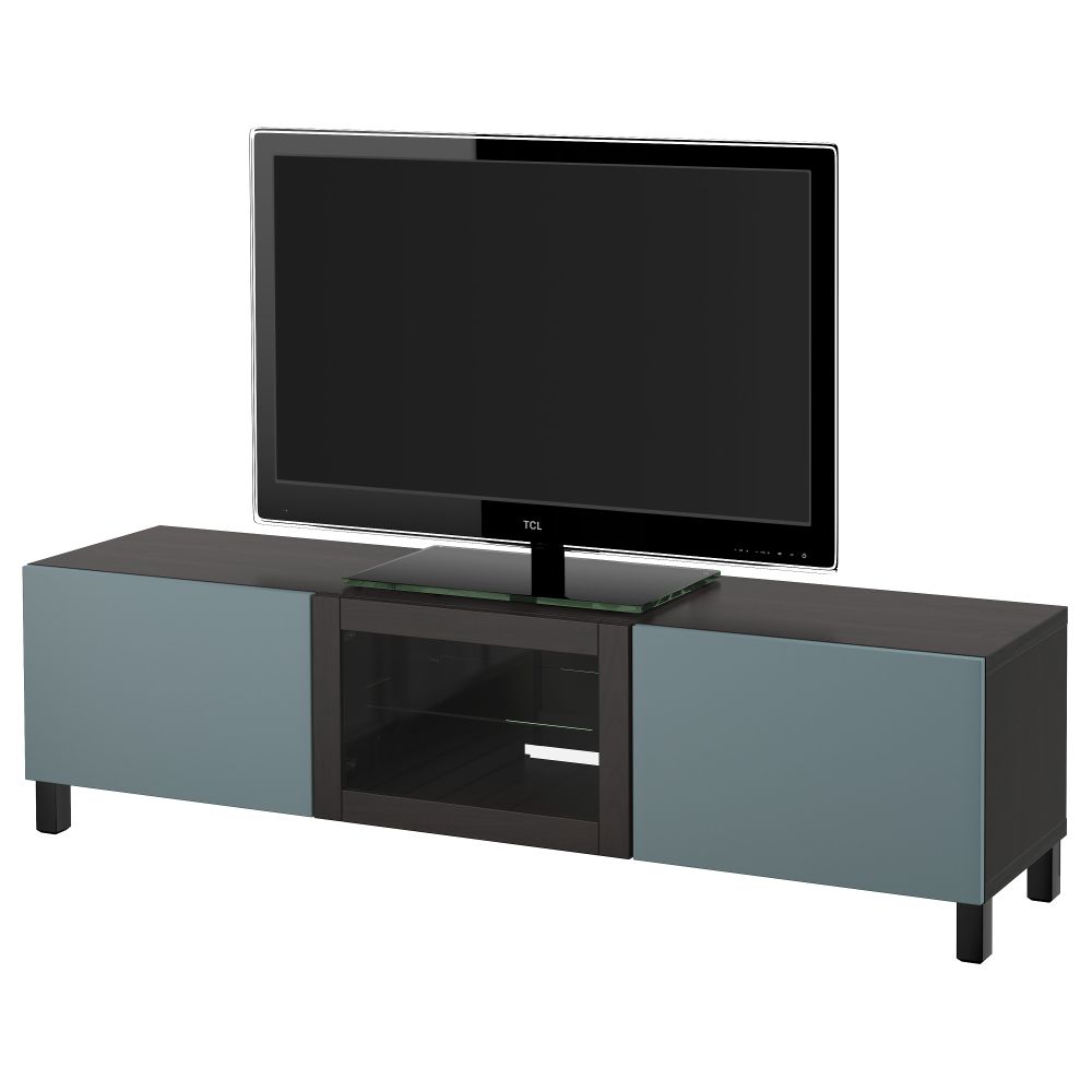 Тумба под ТВ с ящиками и дверцей БЕСТО, черно-коричневый, Вальвикен серо-бирюзовый, прозрачное стекло (180x40x48 см) - фото 1