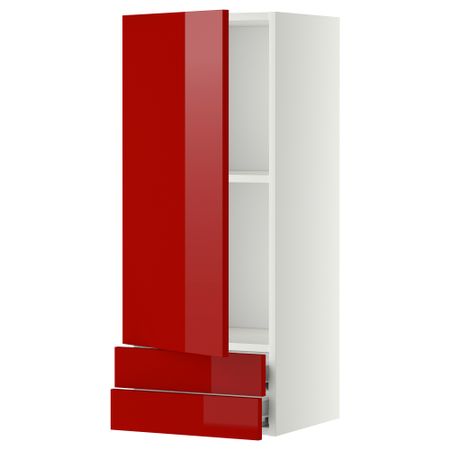 Навесной шкаф с дверцей, 2 ящика МЕТОД / ФОРВАРА, белый, Рингульт красный
