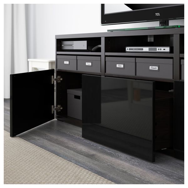 Шкаф для ТВ, комбинированный, стекляные дверцы БЕСТО, черно-коричневый, Сельсвикен глянцевый/черный прозрачное стекло - фото 3