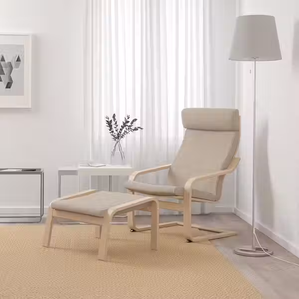 POÄNG Кресло с табуретом для ног - дубовый шпон, беленый/Hillared бежевый - фото 2