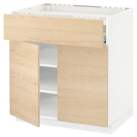 Напольный шкаф для варочной панели, ящик, полка, 2 дверцы МЕТОД / ФОРВАРА, белый, Аскерсунд под светлый ясень (80x60 см)