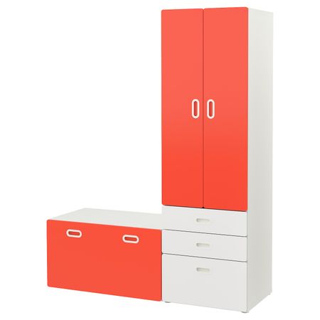 Гардероб и скамья с ящиком, белый, красный 150x50x192 см IKEA STUVA СТУВА / FRITIDS ФРИТИДС 492.530.53