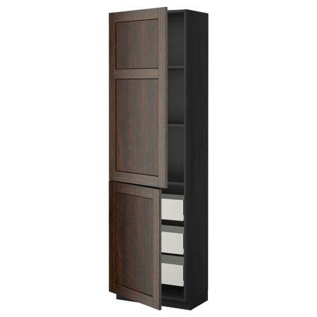 Высокий шкаф + полки, 3 ящика, 2 дверцы МЕТОД / ФОРВАРА, черный, Эдсерум коричневый