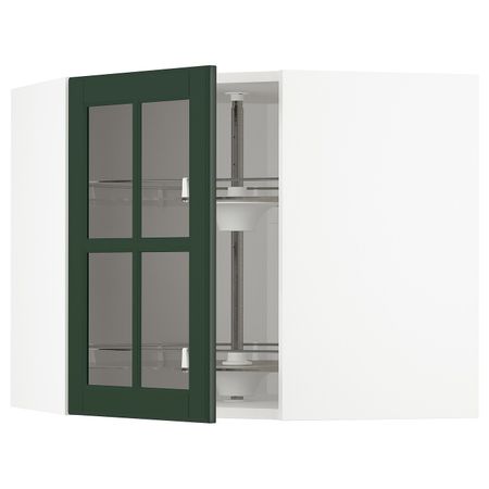 Угловой навесной шкаф с вращающейся секция, стеклянная дв, белый/Будбин темно-зеленый 68x60 см IKEA METOD МЕТОД 493.123.64