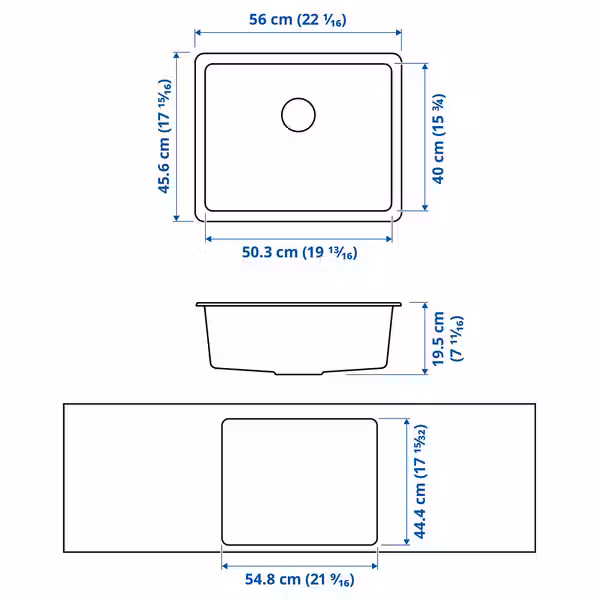 KILSVIKEN Одинарная врезная мойка - чёрный кварцевый композит 56x46 см - схема-чертеж с размерами