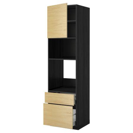 Высокий шкаф для духовки/СВЧ дверца, 2 ящика МЕТОД / МАКСИМЕРА, черный, Тингсрид береза
