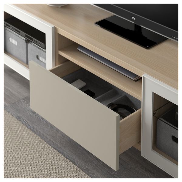 Тумба под ТВ БЕСТО, под беленый дуб, Сельсвикен глянцевый/бежевый прозрачное стекло (180x40x48 см) - фото 3