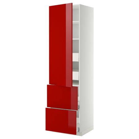 Высокий шкаф + полки, 4 ящика, 2 дверцы МЕТОД / МАКСИМЕРА, белый, Рингульт красный