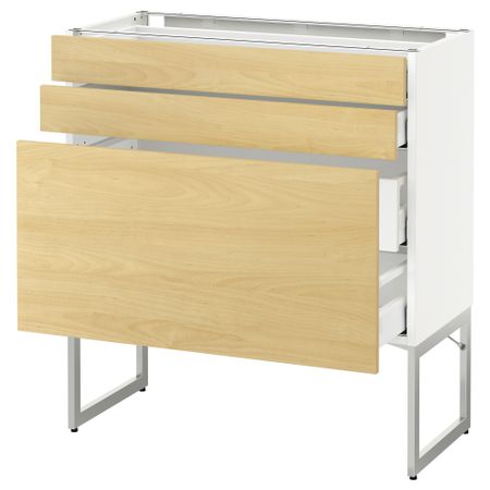 Напольный шкаф 3 фронтальных панели, 2 нижних, 2 средних ящика МЕТОД / МАКСИМЕРА, белый, Тингсрид береза