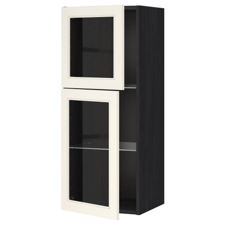 Навесной шкаф с полками, 2 стекло дверцы МЕТОД, черный, Хитарп белый с оттенком (40x100 см)