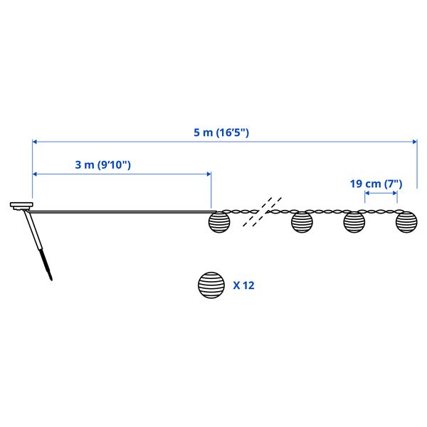 Гирлянда, 12 светодиодов, на солнечной батарее для сада, красный полоска IKEA SOLVINDEN 405.146.82 - схема-чертеж с размерами