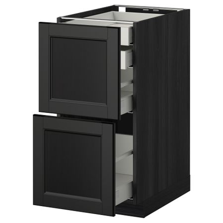Напольный шкаф 2 фронтальные панели, 2 нижних, 1 средний, 1 высокий ящик МЕТОД / МАКСИМЕРА, черный, Лаксарби черно-коричневый