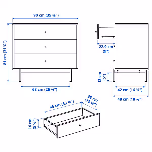 RÅDMANSÖ Комод с 3 ящиками - коричневый под грецкий орех 90x48x81 см - схема-чертеж с размерами