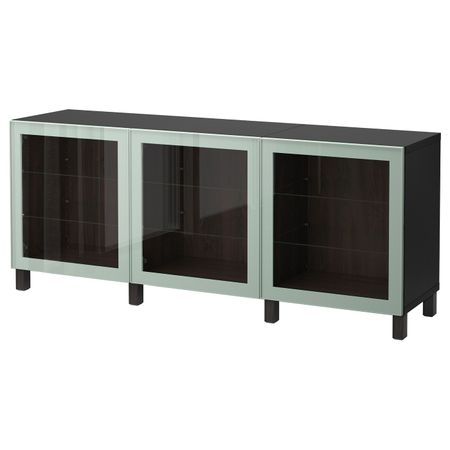 Комбинация для хранения с дверцами, черно-коричневый Глассвик, глянцевый/серо-зеленый светлый прозрачное стекло, 180x40x74 см