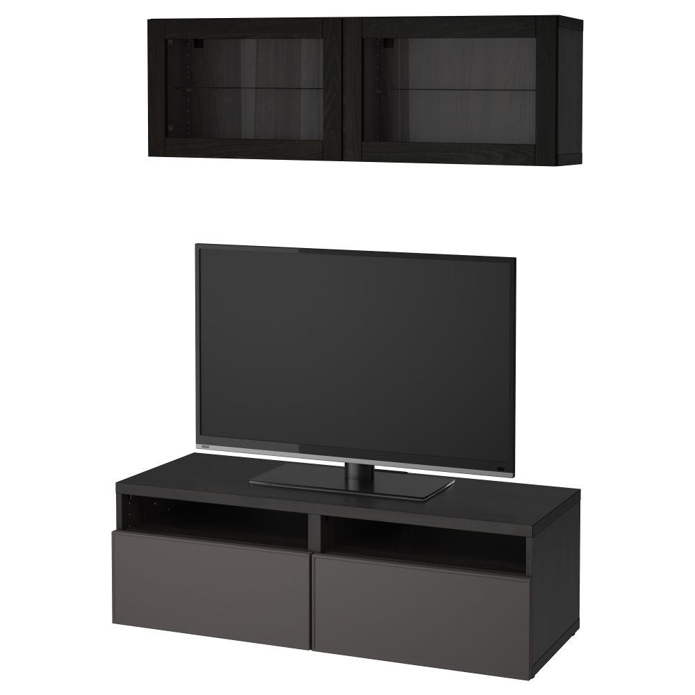 Шкаф для ТВ, комбинированный, стекляные дверцы БЕСТО, черно-коричневый Грундсвикен, темно-серый прозрачное стекло (120x20/40x166 - фото 1