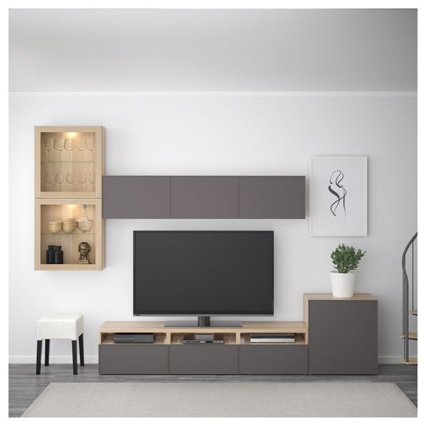 Шкаф для ТВ, комбинированный, стекляные дверцы БЕСТО, под беленый дуб Грундсвикен, темно-серый прозрачное стекло (300x20/40x211 - фото 2