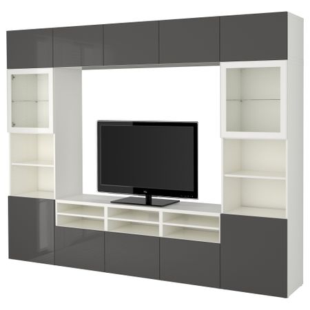 Шкаф для ТВ, комбинированный, стекляные дверцы БЕСТО, белый, Сельсвикен глянцевый/серый прозрачное стекло (300x40x230 см)