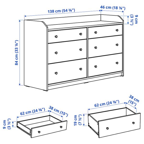 Комод с 6 ящиками, белый 138x84 см IKEA HAUGA ХАУГА 804.073.07 - схема-чертеж с размерами