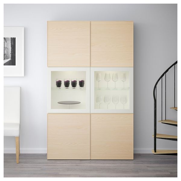 Комбинация для хранения со стеклянными дверцами БЕСТО, белый, Инвикен ясеневый шпон (120x40x192 см) - фото 2