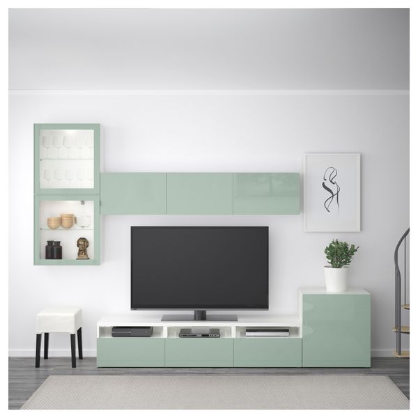 Шкаф для ТВ, комбинированный, стекляные дверцы БЕСТО, белый Сельсвикен, глянцевый/серо-зеленый светлый прозрачное стекло - фото 2