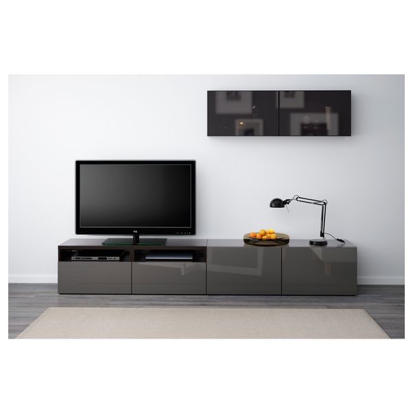 Шкаф для ТВ, комбинированный, стекляные дверцы БЕСТО, черно-коричневый, Сельсвикен глянцевый/серый дымчатое стекло - фото 2