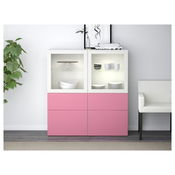 Комбинация для хранения со стеклянными дверцами БЕСТО, Лаппвикен розовый, Синдвик белый прозрачное стекло (120x40x128 см) - фото 2