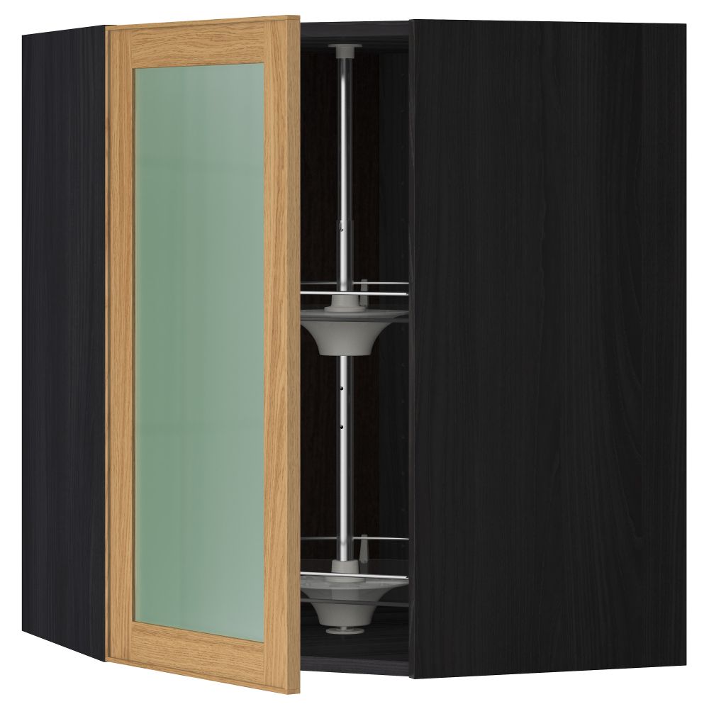 Угловой навесной шкаф с вращающающейся секцией, стеклянными дверцами МЕТОД, черный, Экестад дуб - схема-чертеж с размерами