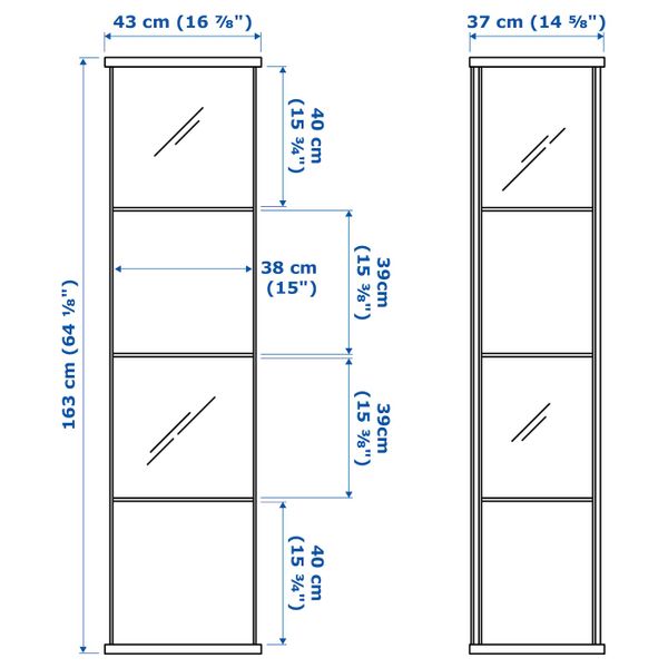 Шкаф-витрина, белый 43x163 см IKEA DETOLF ДЕТОЛЬФ 303.833.61 - схема-чертеж с размерами