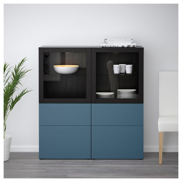 Комбинация для хранения со стеклянными дверцами БЕСТО, черно-коричневый Вальвикен, темно-синий прозрачное стекло (120x40x128 см) - фото 2